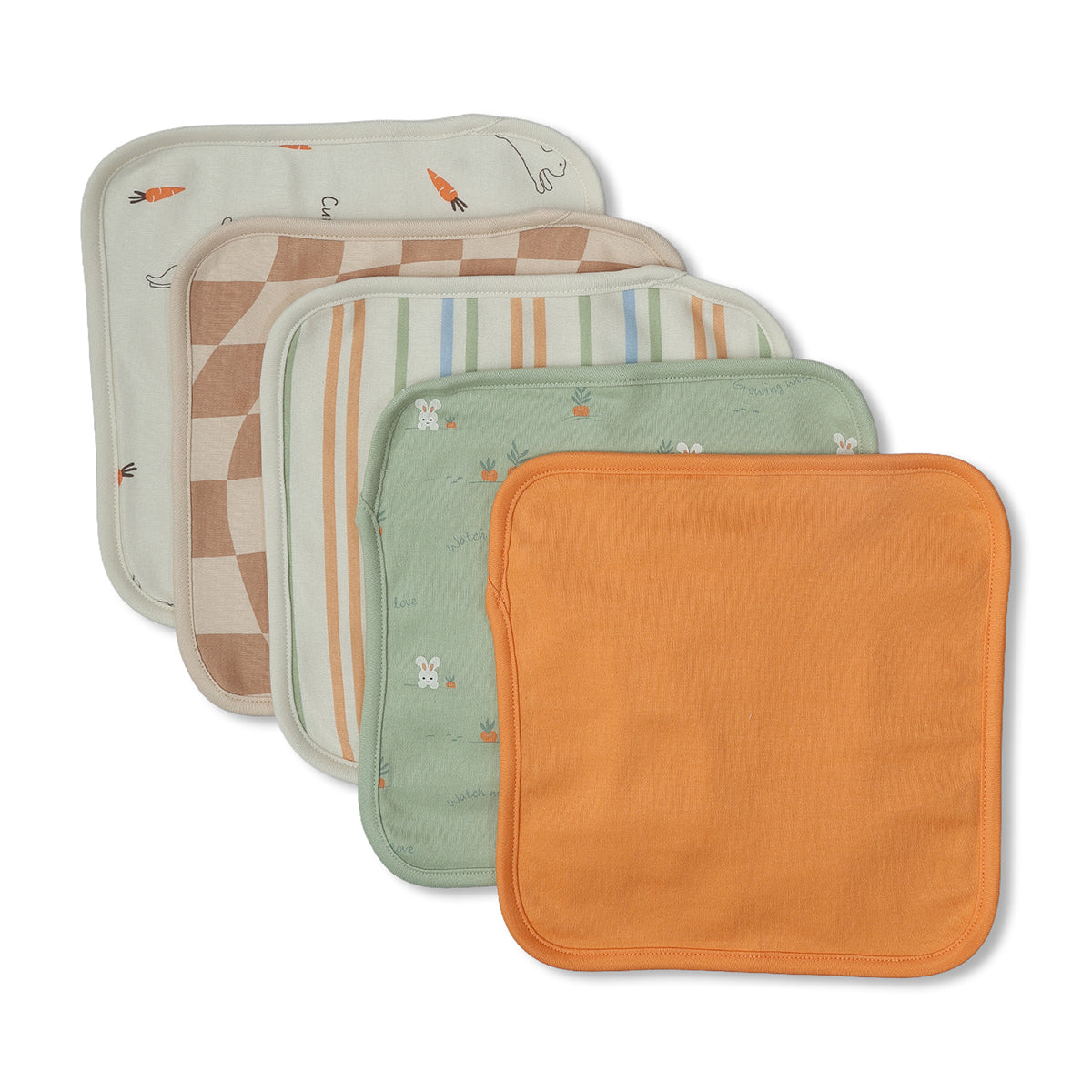 Baby Unisex Printed Washcloth Set Of 5, Orange Green Beige And White