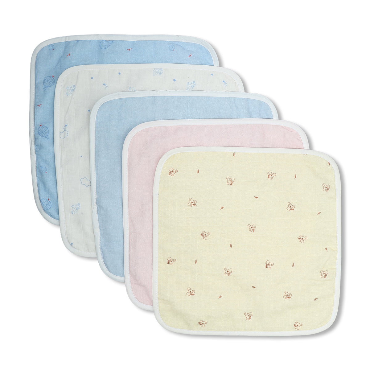 Baby Unisex Printed Washcloth Set Of 5, Blue White Pink And Yellow
