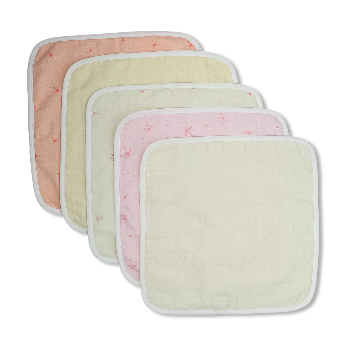 Baby Unisex Printed Washcloth Set Of 5, Peach Yellow And Pink