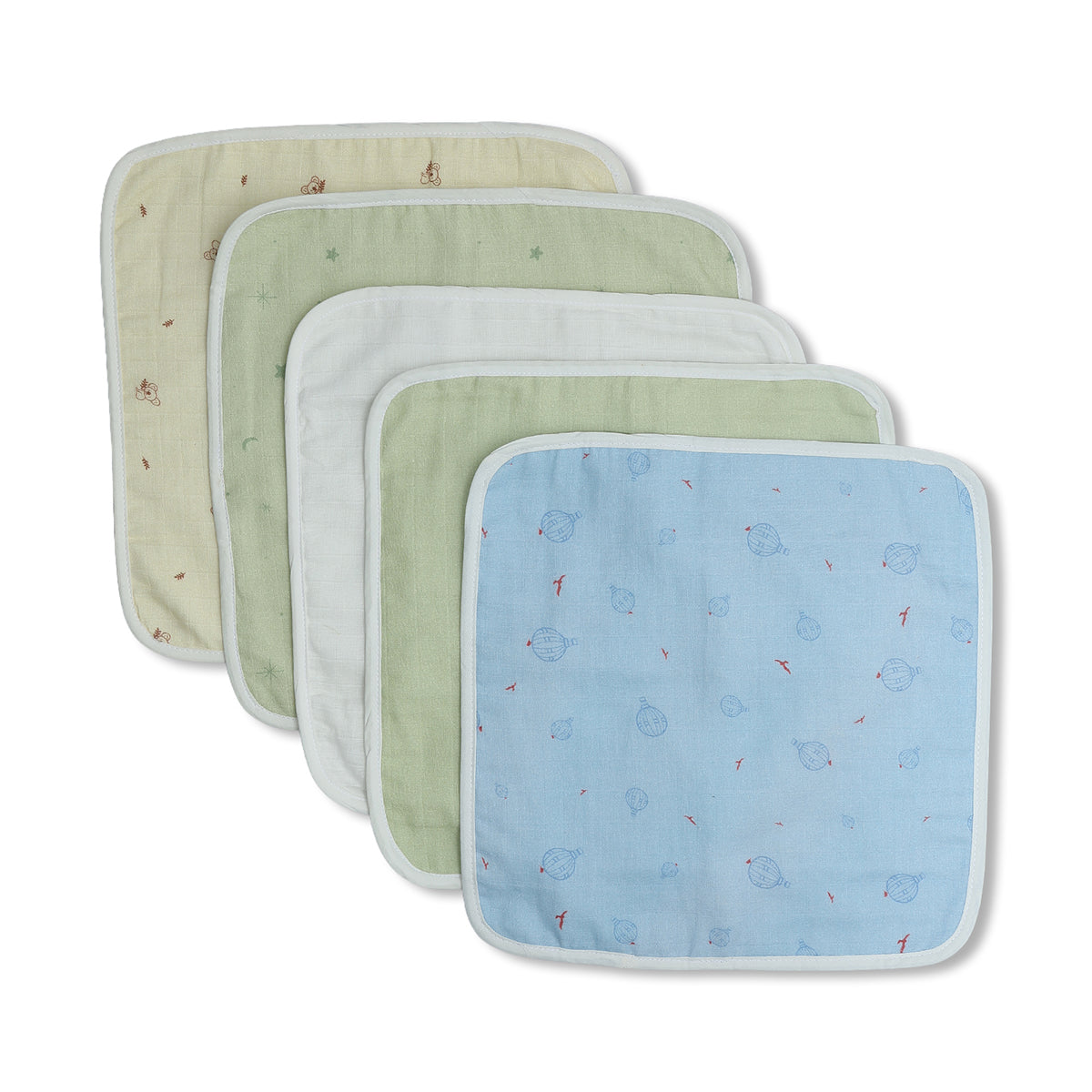 Baby Unisex Printed Washcloth Set Of 5, Blue Green And Yellow