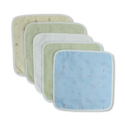 Baby Unisex Printed Washcloth Set Of 5, Blue Green And Yellow