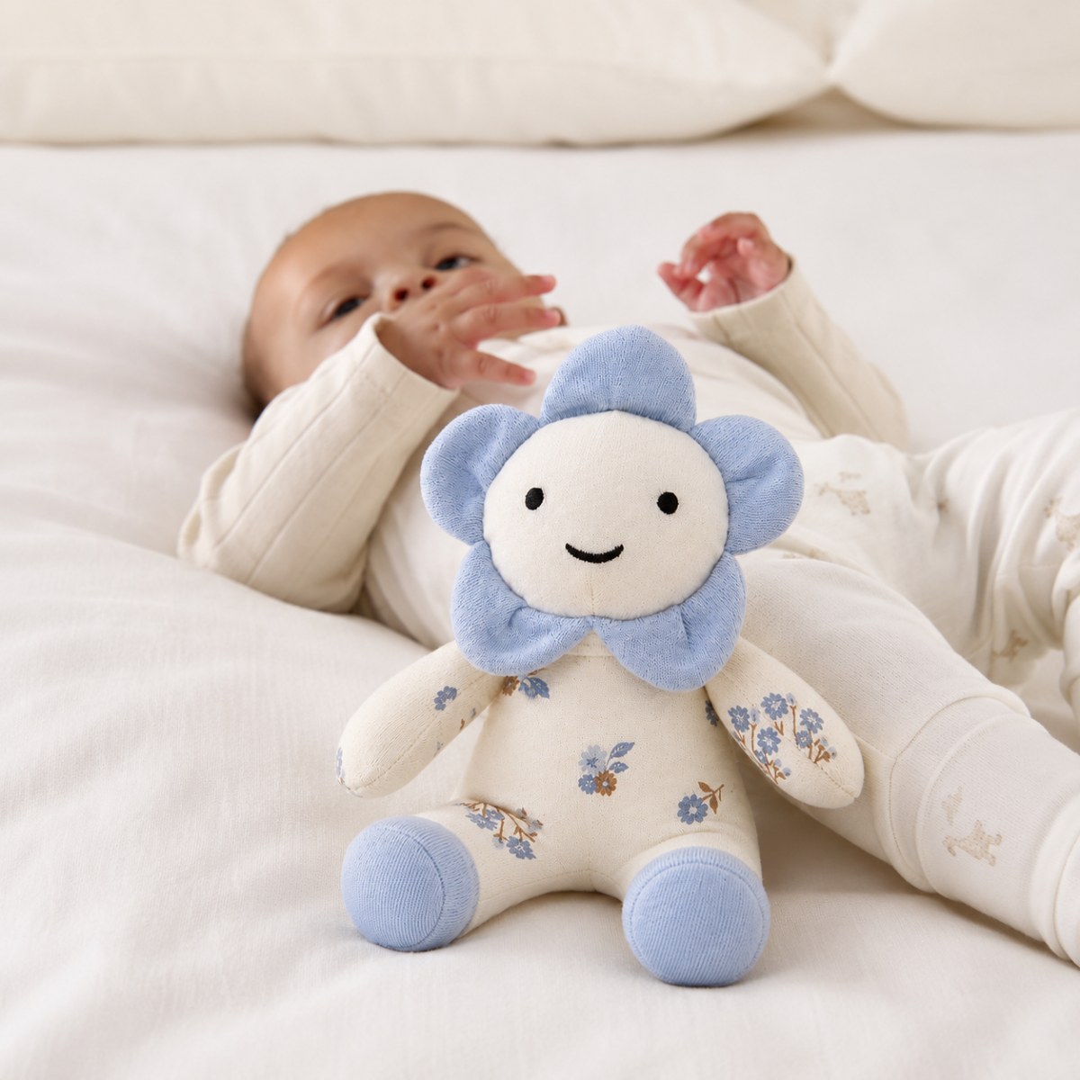 Baby Girls White And Blue Cotton Floral Printed Flower Soft Toy With Embroidered Face Pack Of 1 For Cuddling Playtime And Gifting