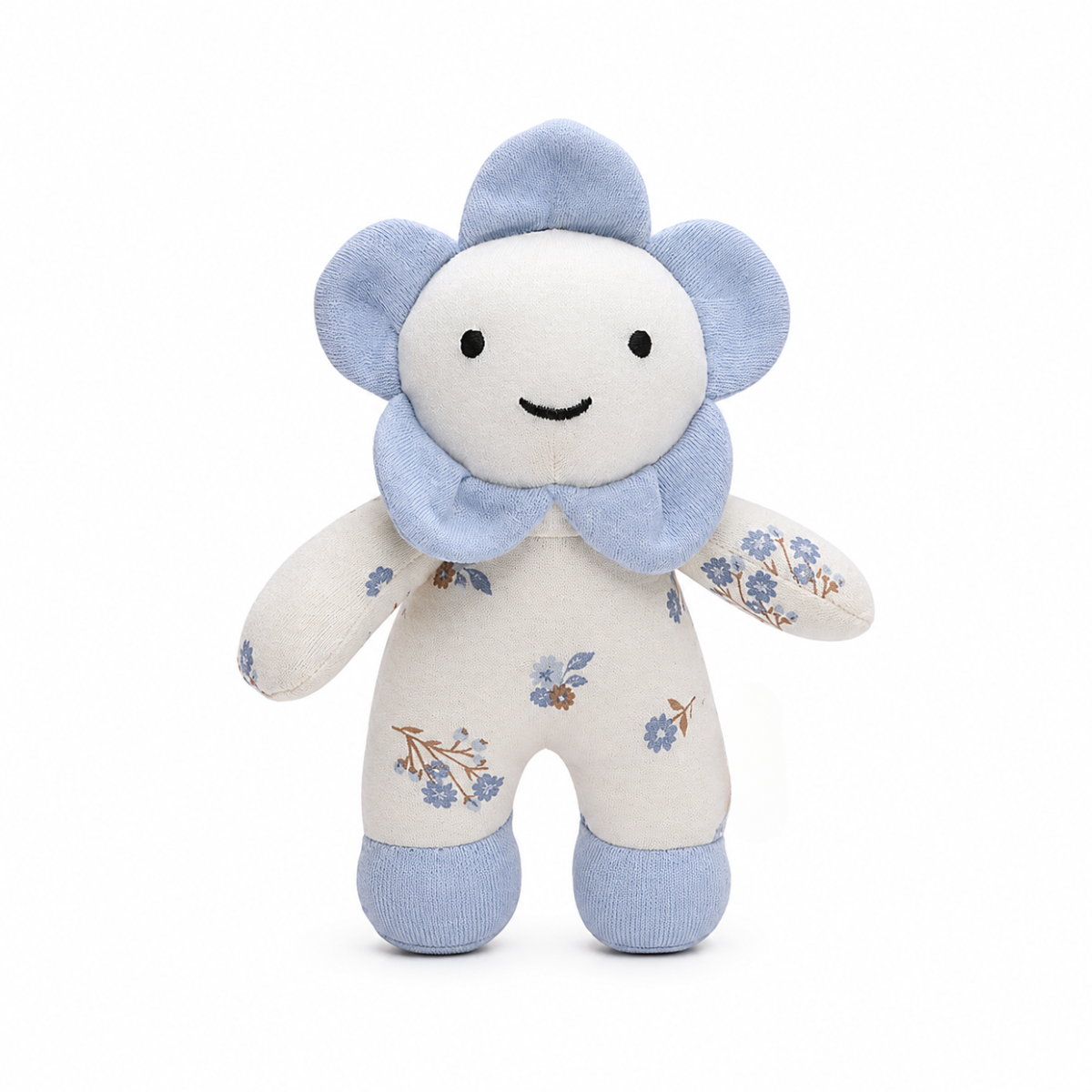 Baby Girls White And Blue Cotton Floral Printed Flower Soft Toy With Embroidered Face Pack Of 1 For Cuddling Playtime And Gifting