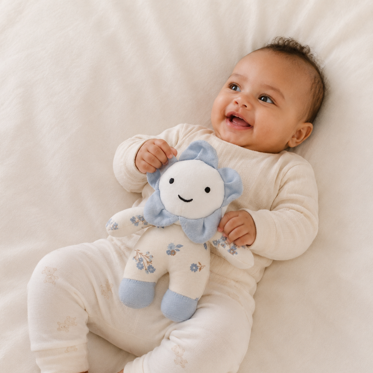 Baby Girls White And Blue Cotton Floral Printed Flower Soft Toy With Embroidered Face Pack Of 1 For Cuddling Playtime And Gifting
