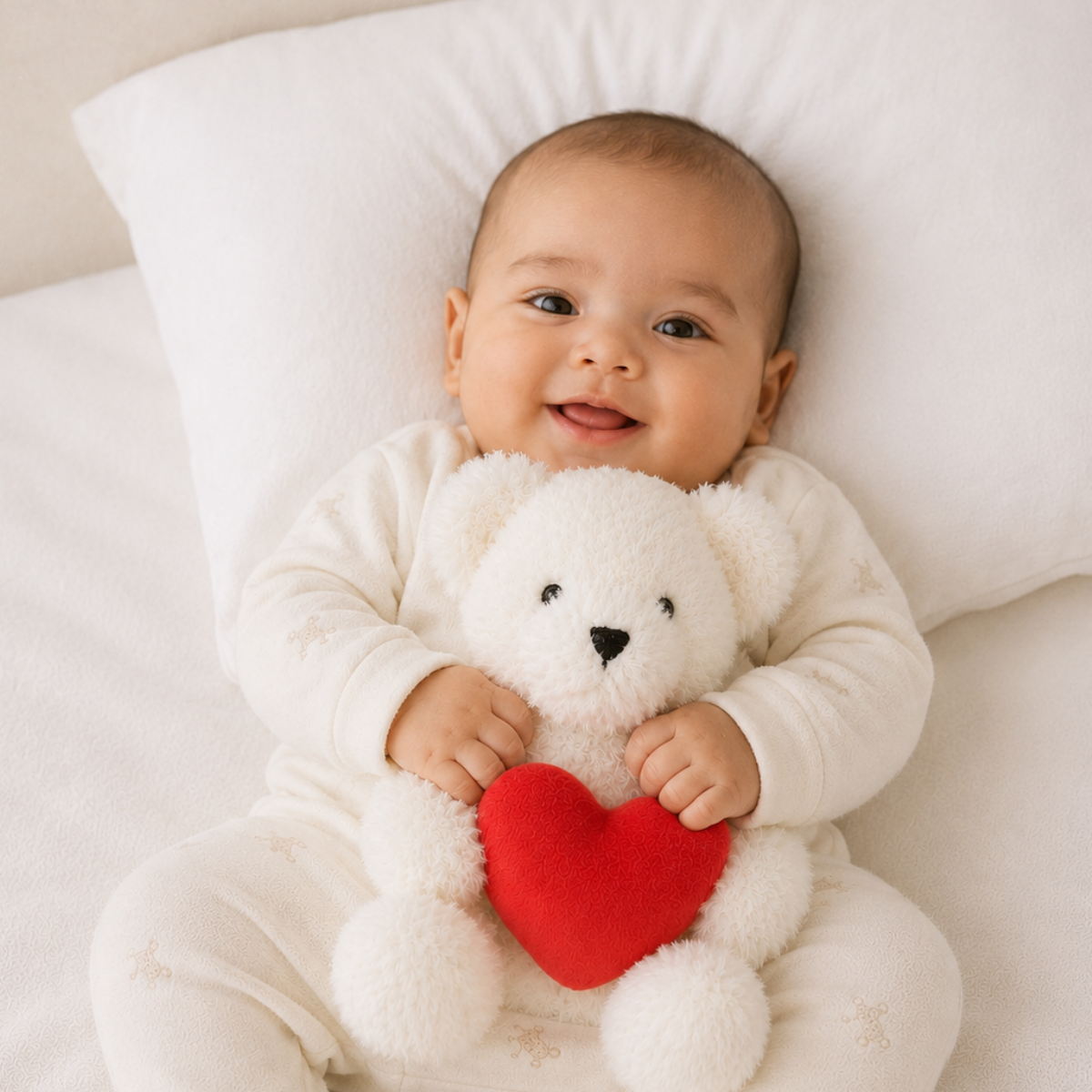 Baby Girls White And Red Polyester Plush Teddy Bear Soft Toy With Heart Detail  For Cuddling Playtime And Gifting