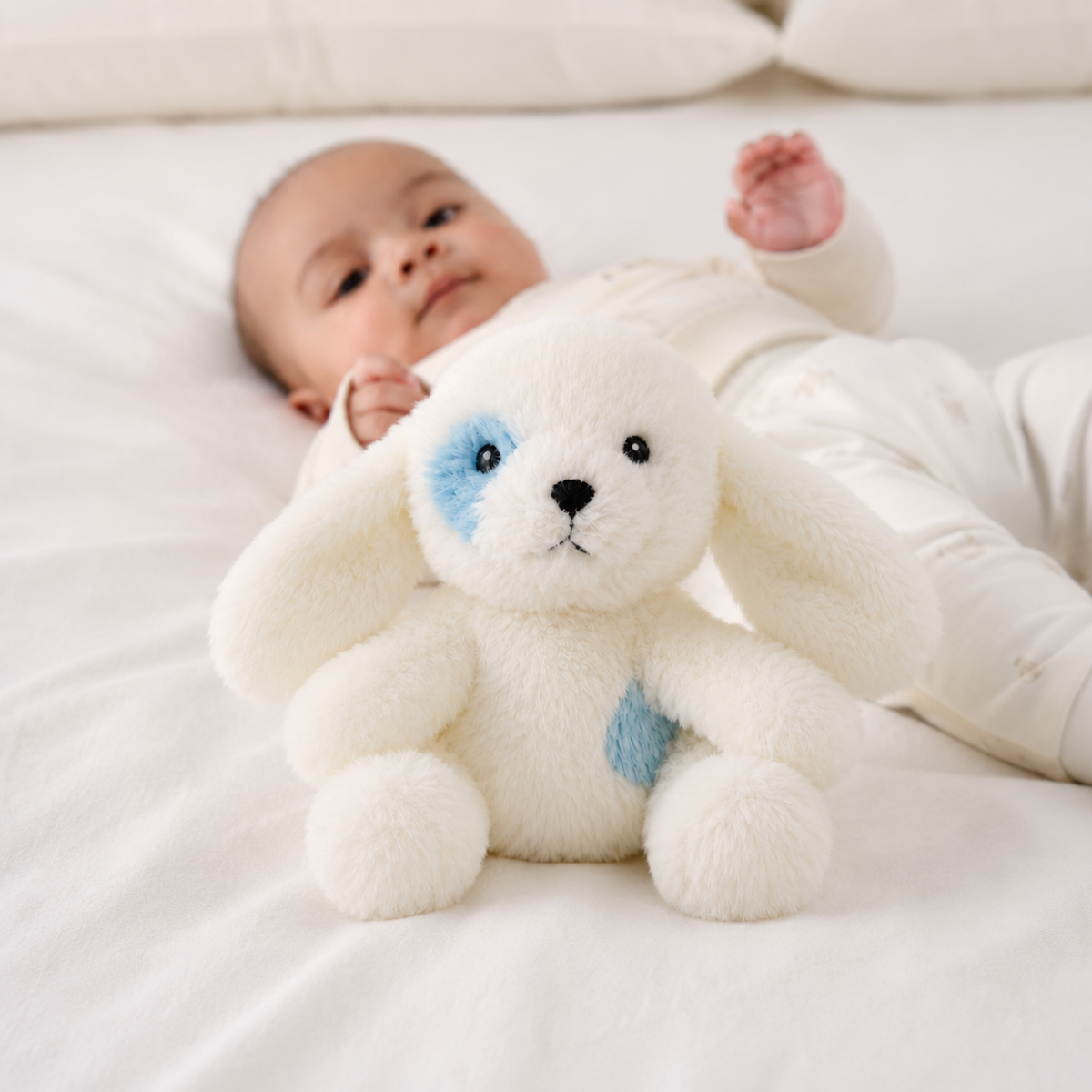 Baby Unisex White And Blue Polyester Plush Dog Soft Toy With Floppy Ears For Cuddling Playtime And Gifting