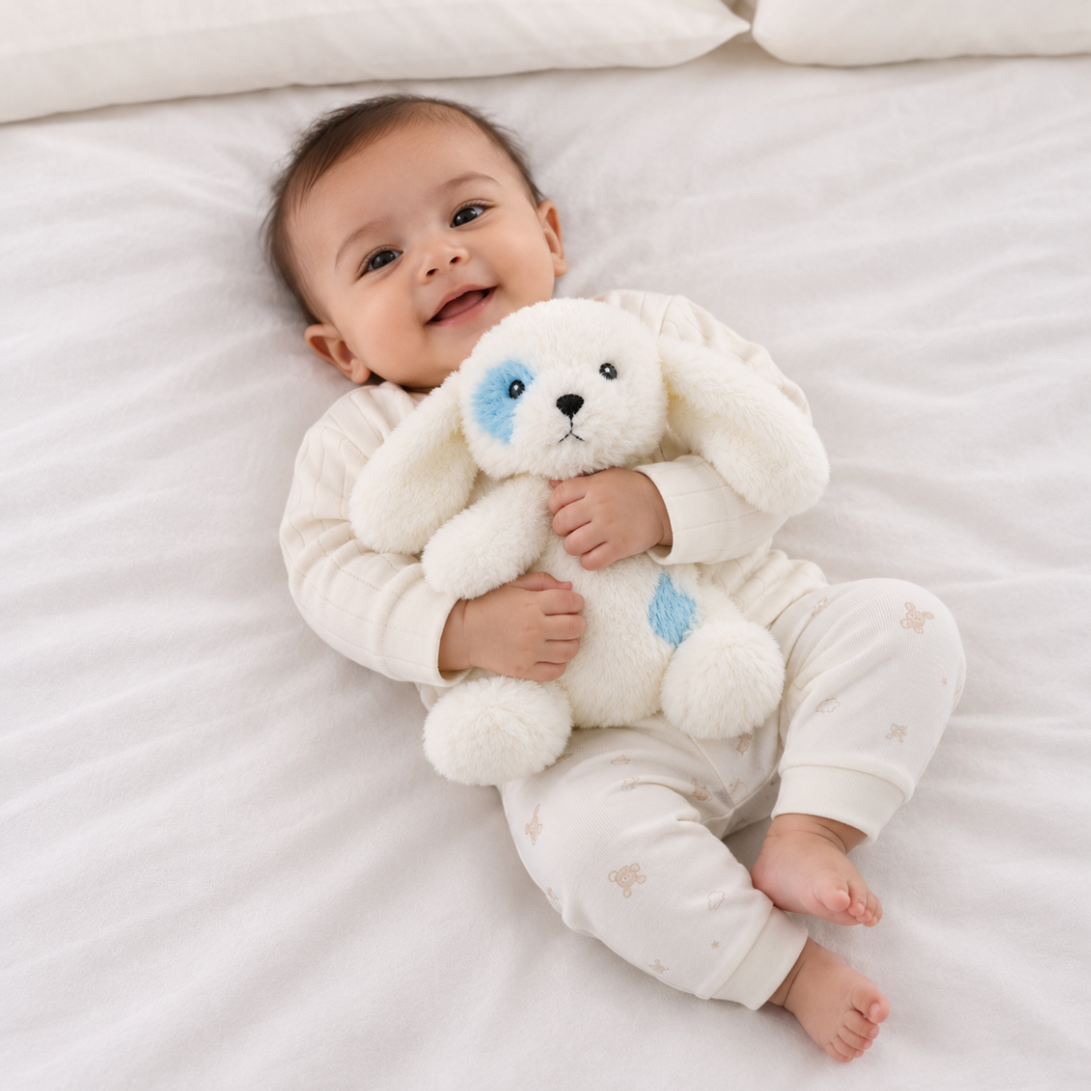 Baby Unisex White And Blue Polyester Plush Dog Soft Toy With Floppy Ears For Cuddling Playtime And Gifting