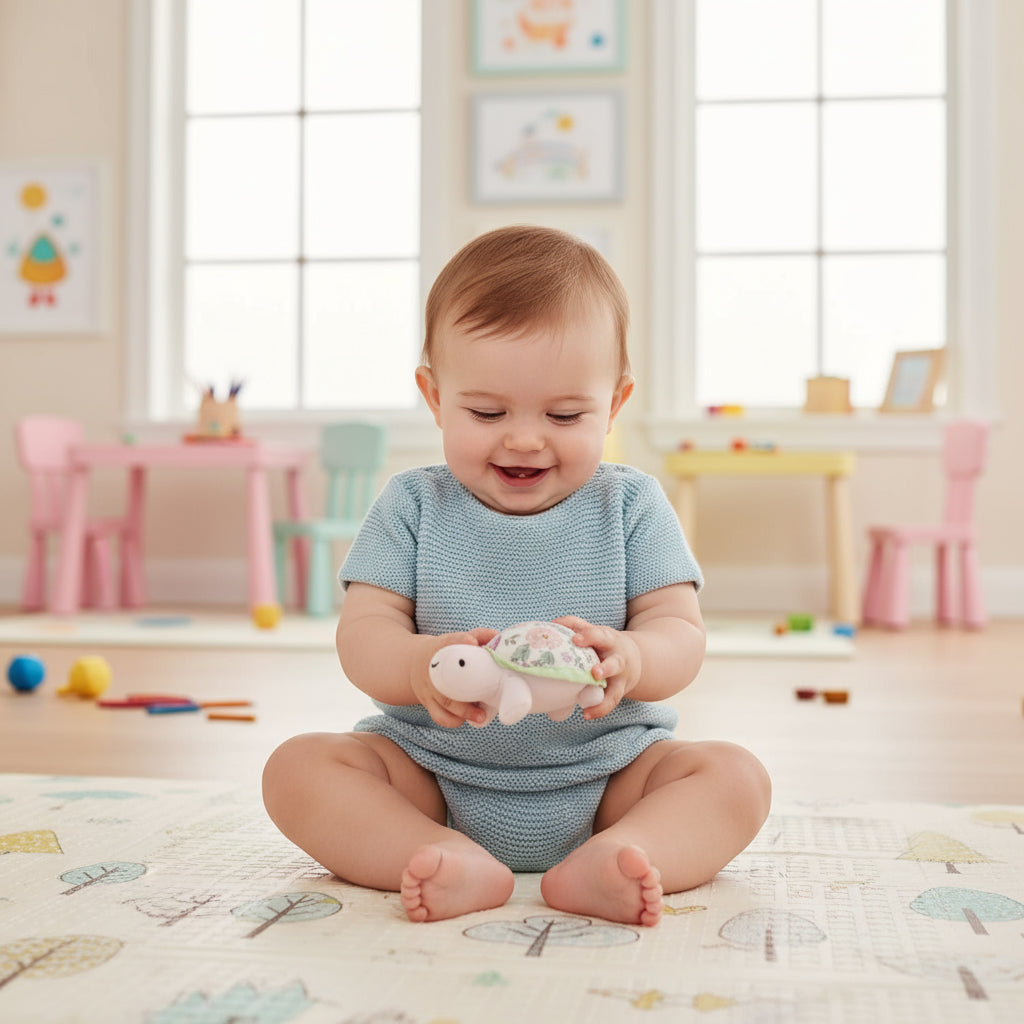 Baby Soft Turtle Plush Toy with Floral Print, Light Pink and Green