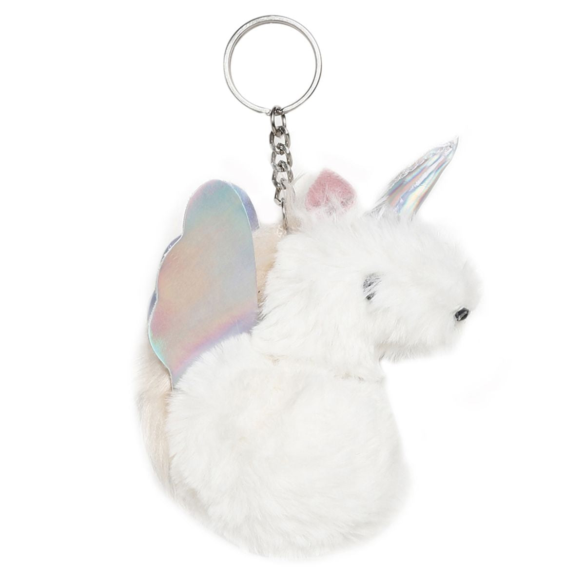 Girls White Unicorn Faux Fur Keychain with Iridescent Wings Bag Charm