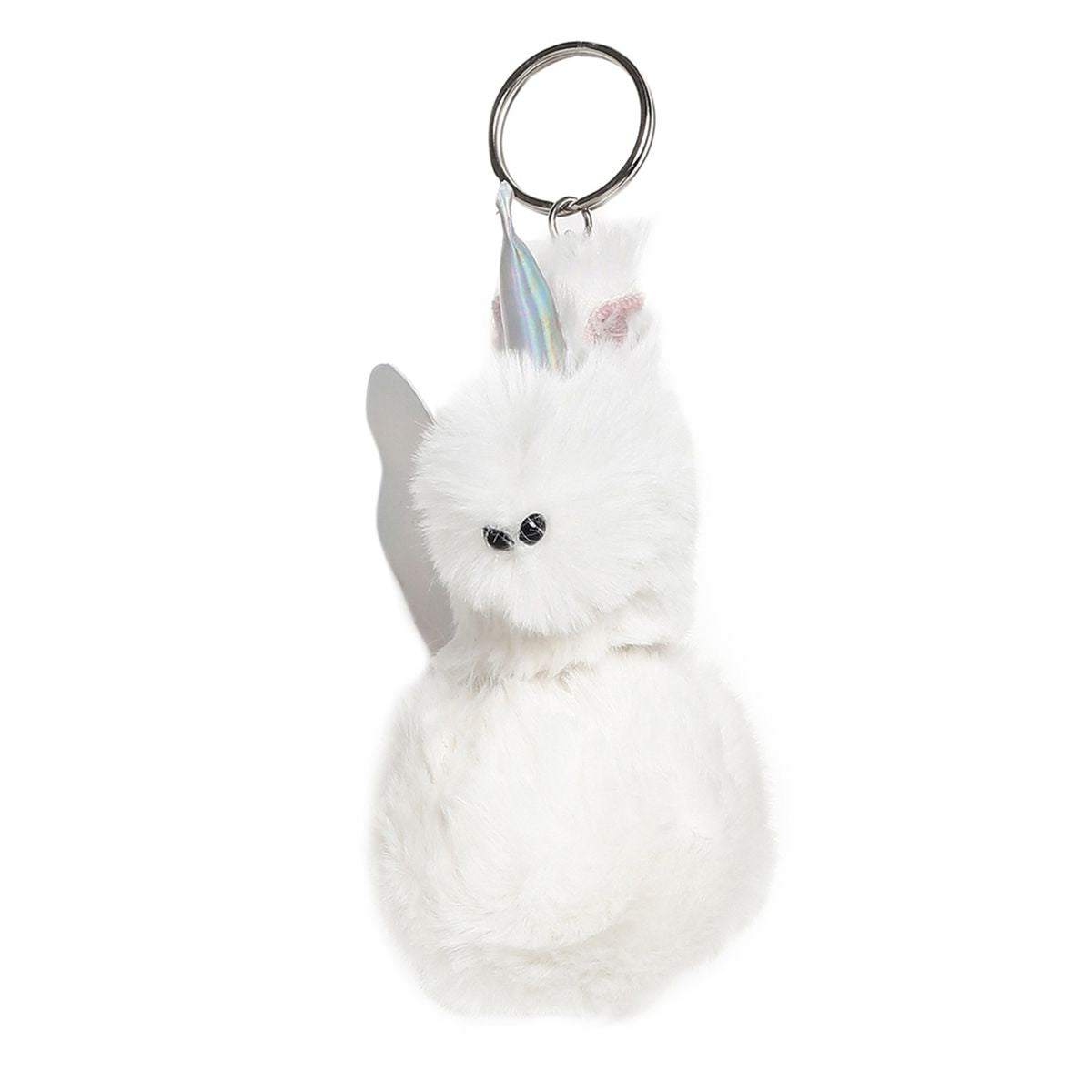 Girls White Unicorn Faux Fur Keychain with Iridescent Wings Bag Charm