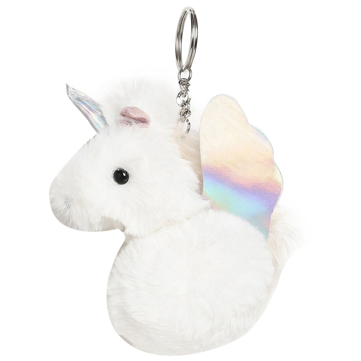 Girls White Unicorn Faux Fur Keychain with Iridescent Wings Bag Charm