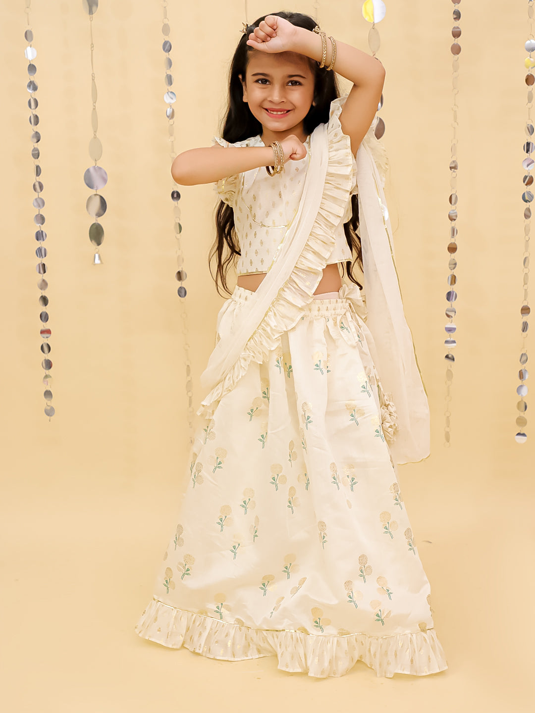 Lil Drama Girls Floral Print Crop Top With Flared Skirt And Dupatta Set, Off White