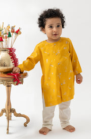 Tiber Taber Baby Boys Yellow and Cream Cotton Foil Printed Kurta and Pant Set Regular Fit Festive Wear