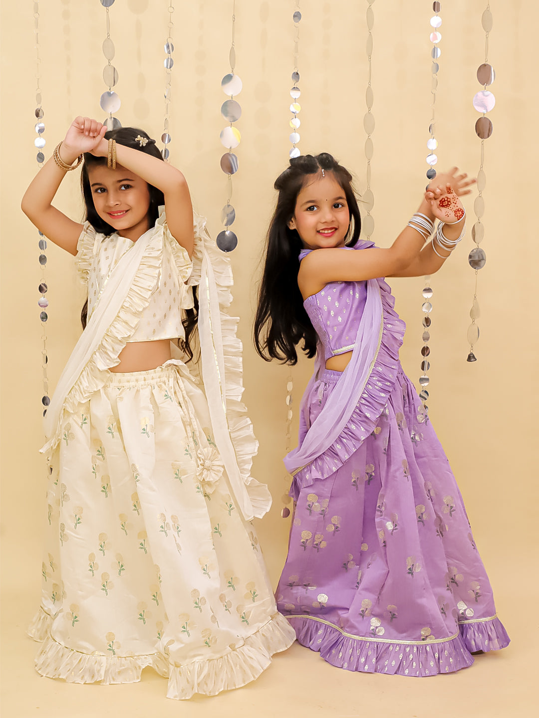 Lil Drama Girls Floral Print Crop Top With Flared Skirt And Dupatta Set, Off White