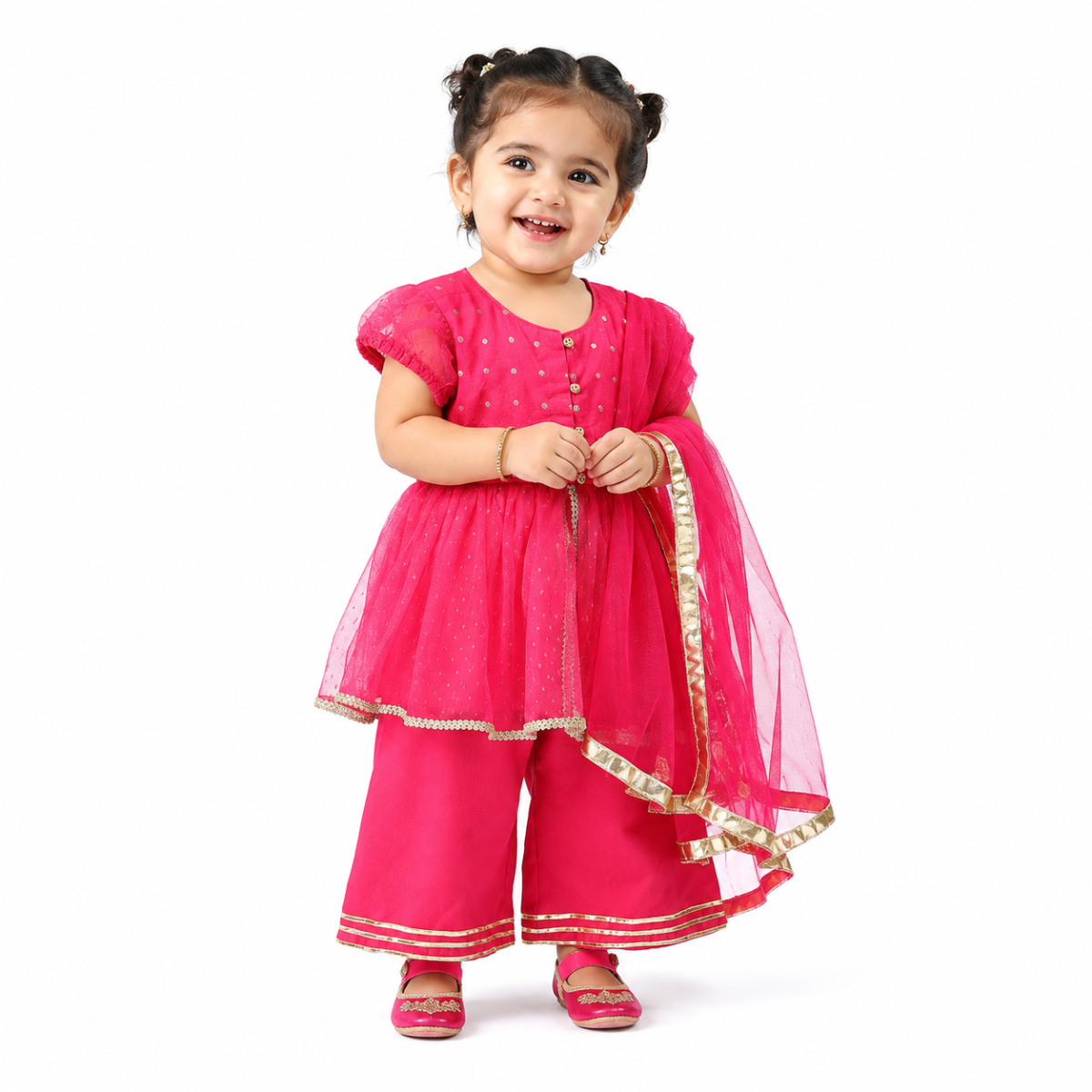 Baby Girls Pink Woven Kurti Palazzo and Dupatta Set Regular Fit Festive Kids Ethnic Wear