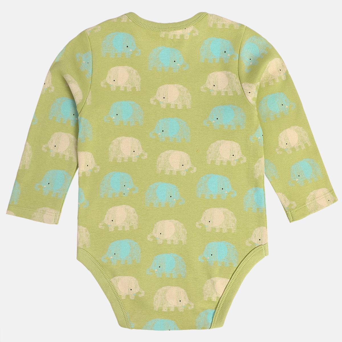 Boys Cotton Pack Of 2 Full Sleeves Elephant Printed & Striped Bodysuits - Olive Green & Mustard