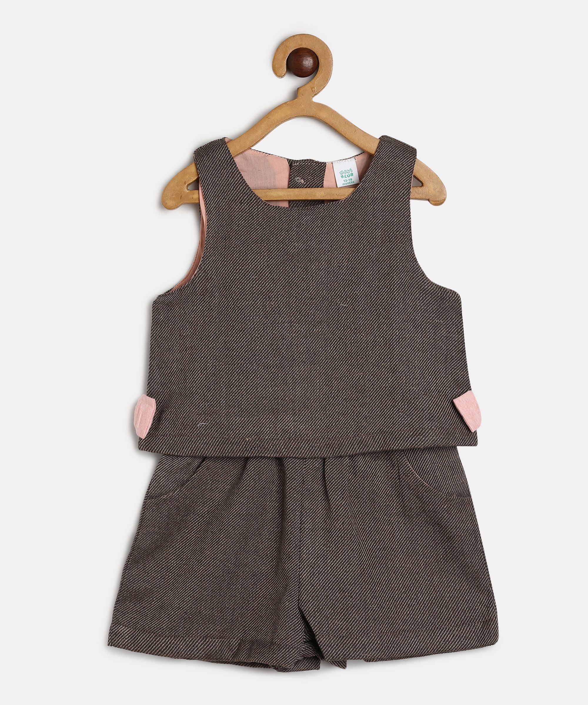 Baby Girls Pink & Brown Cotton Top with Shorts and Sleeveless Overlay Set