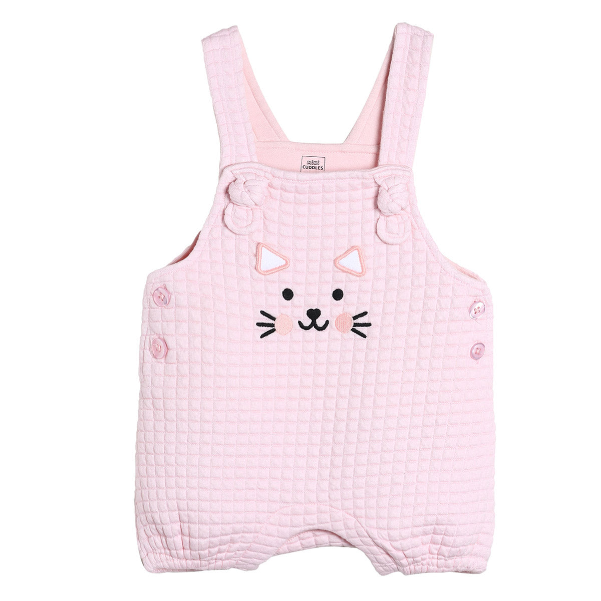 Girls Pink Dungaree Romper with Cat Embroidery and Full Sleeve Top Outfit Set