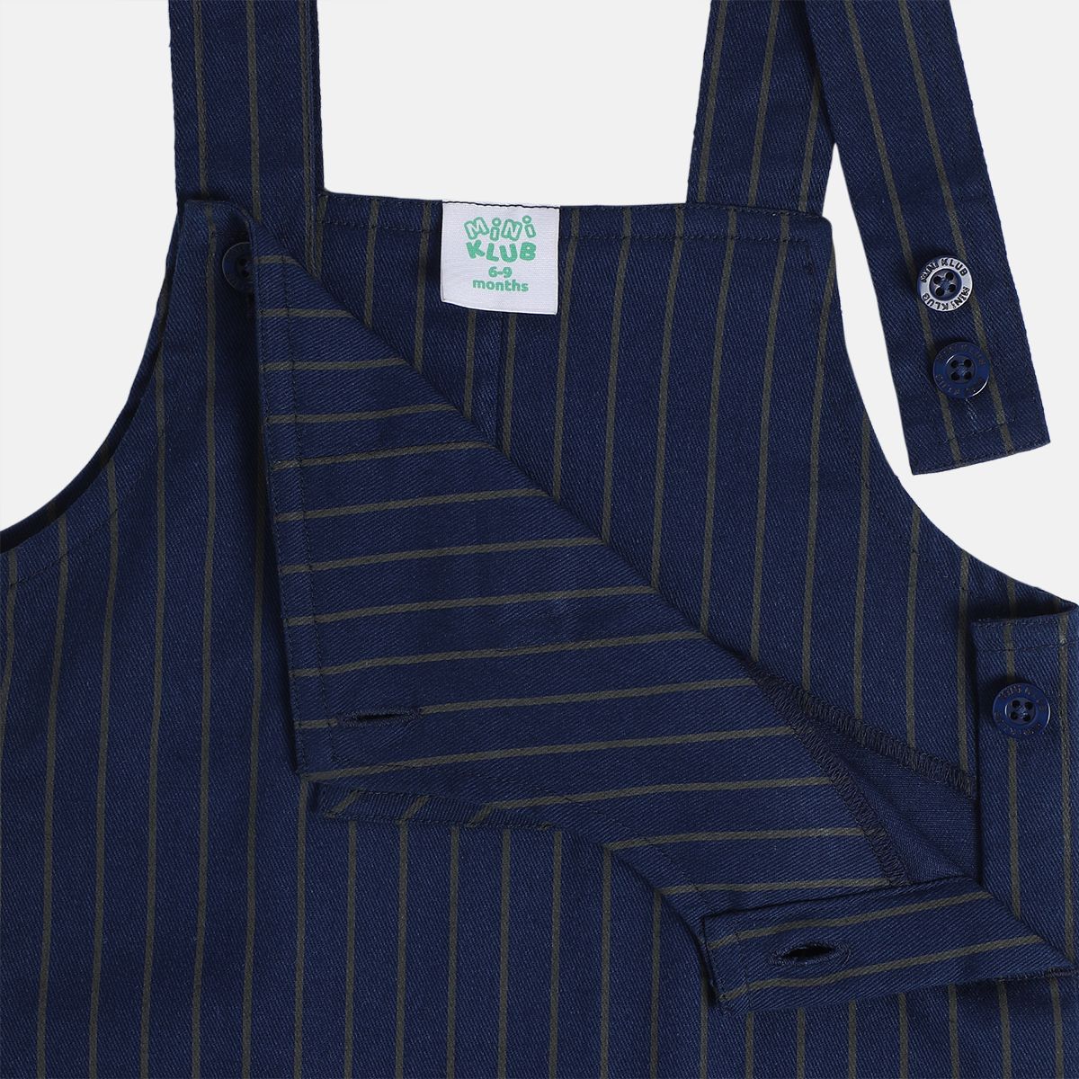 Boys Cotton Full Sleeves Striped Dungaree Set - Navy Blue