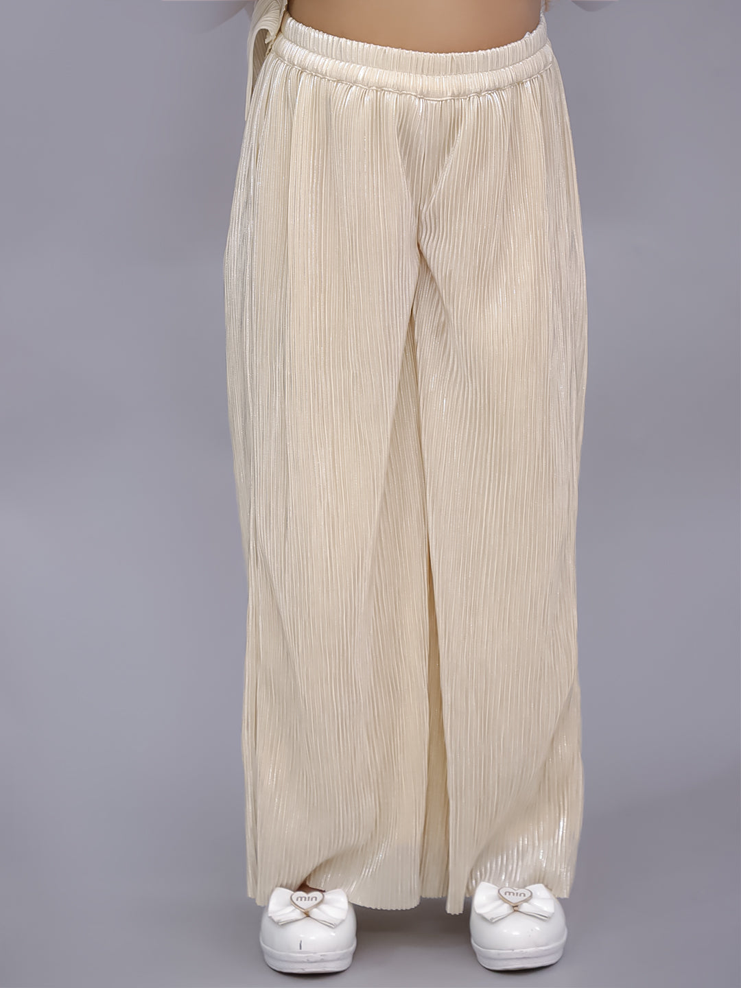 Lil Drama Girls Shimmer Pleated Top With Palazzo Pants Co-Ord Set, Cream