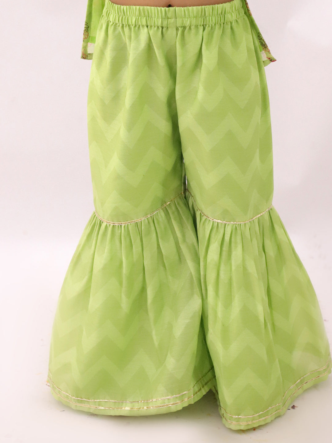 Lil Drama Girls Printed Kurta With Sharara Pants And Dupatta Set, Green And Pink