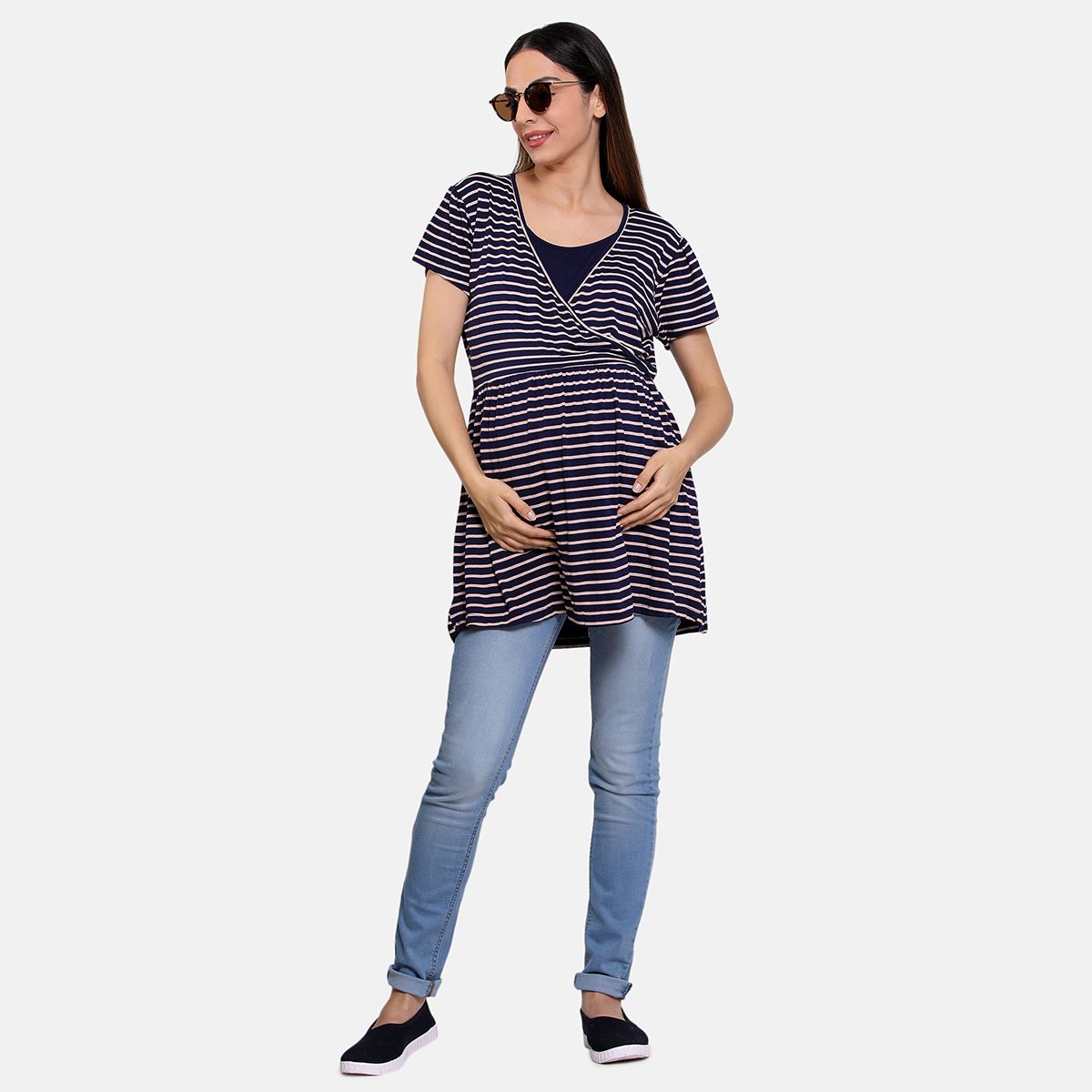 Peacoat Vee Neck Short Sleeve Nursing Knit Top