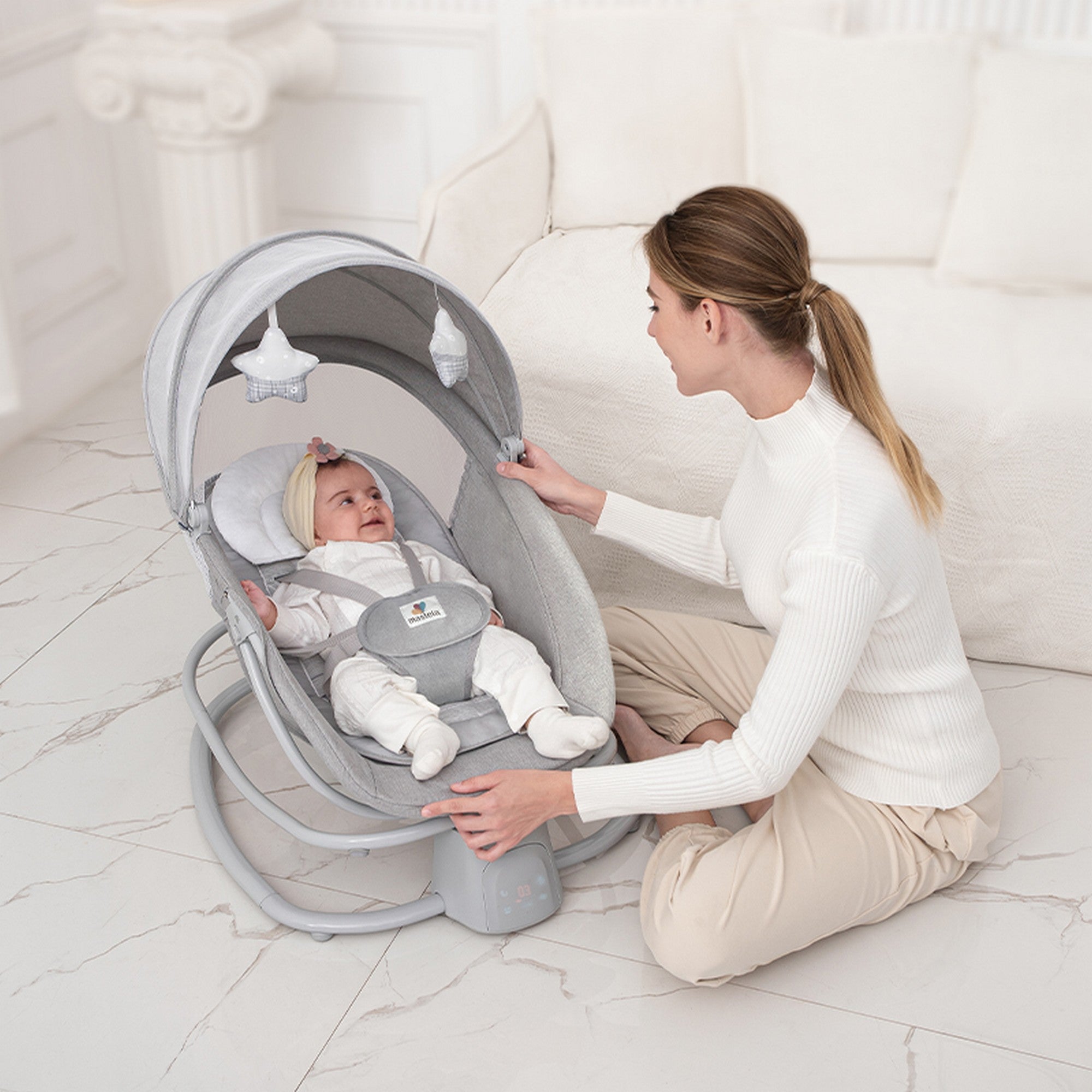 Mastela Grey Electric Baby Rocker and Bouncer with Music, Mosquito Net and Canopy for Infants