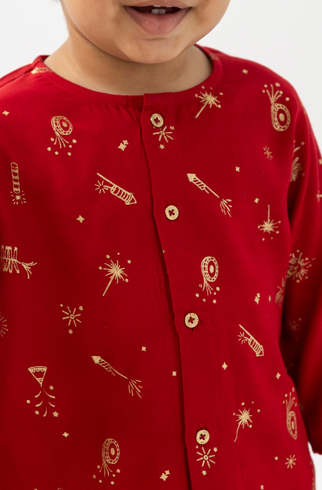 Tiber Taber Baby Boys Red and Cream Cotton Foil Printed Kurta and Pant Set Regular Fit Festive Wear