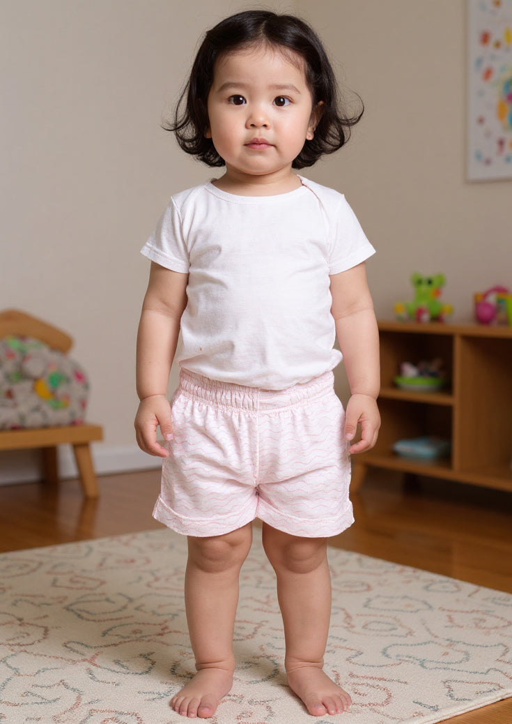 Solid & Wave Printed Shorts - Pink & White