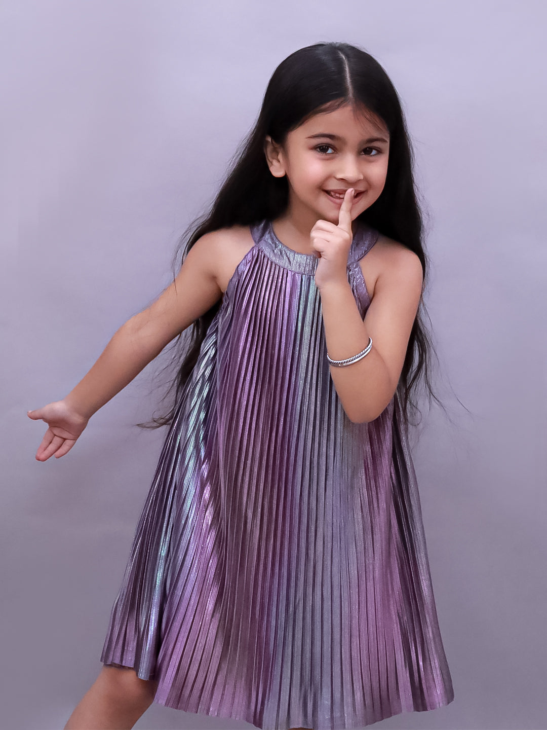 Lil Drama Girls Metallic Pleated Sleeveless Dress, Purple