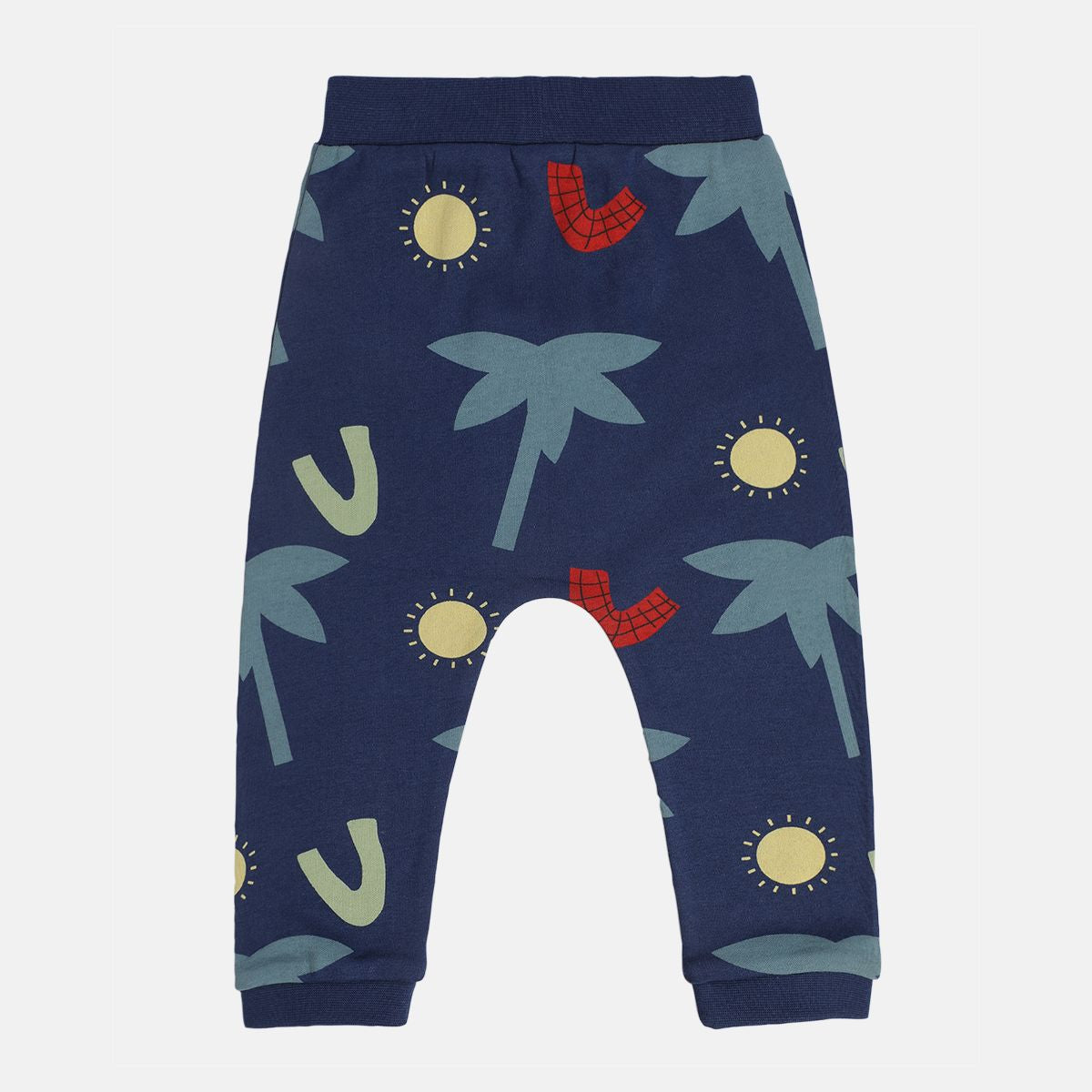 Boys Cotton Pack Of 2 Solid & Trees Printed Knit Bottom - Navy Blue & Light Green
