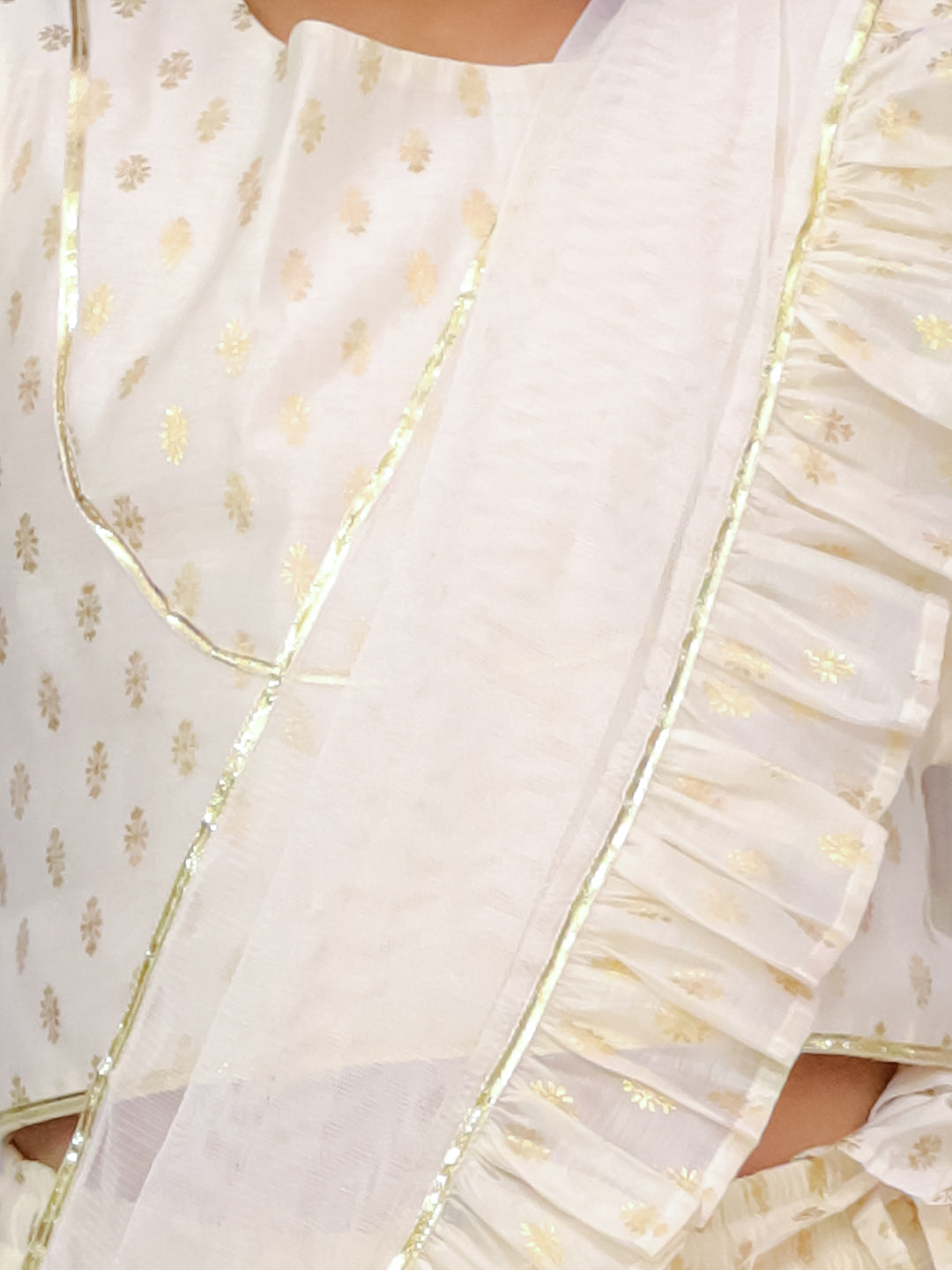Lil Drama Girls Floral Print Crop Top With Flared Skirt And Dupatta Set, Off White