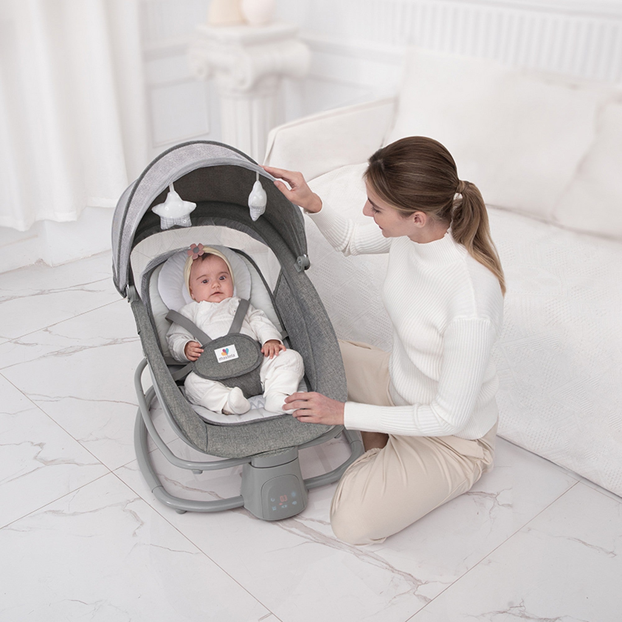 Mastela Grey Baby Electric Rocker and Bouncer with Music, Canopy and Mosquito Net for Infants