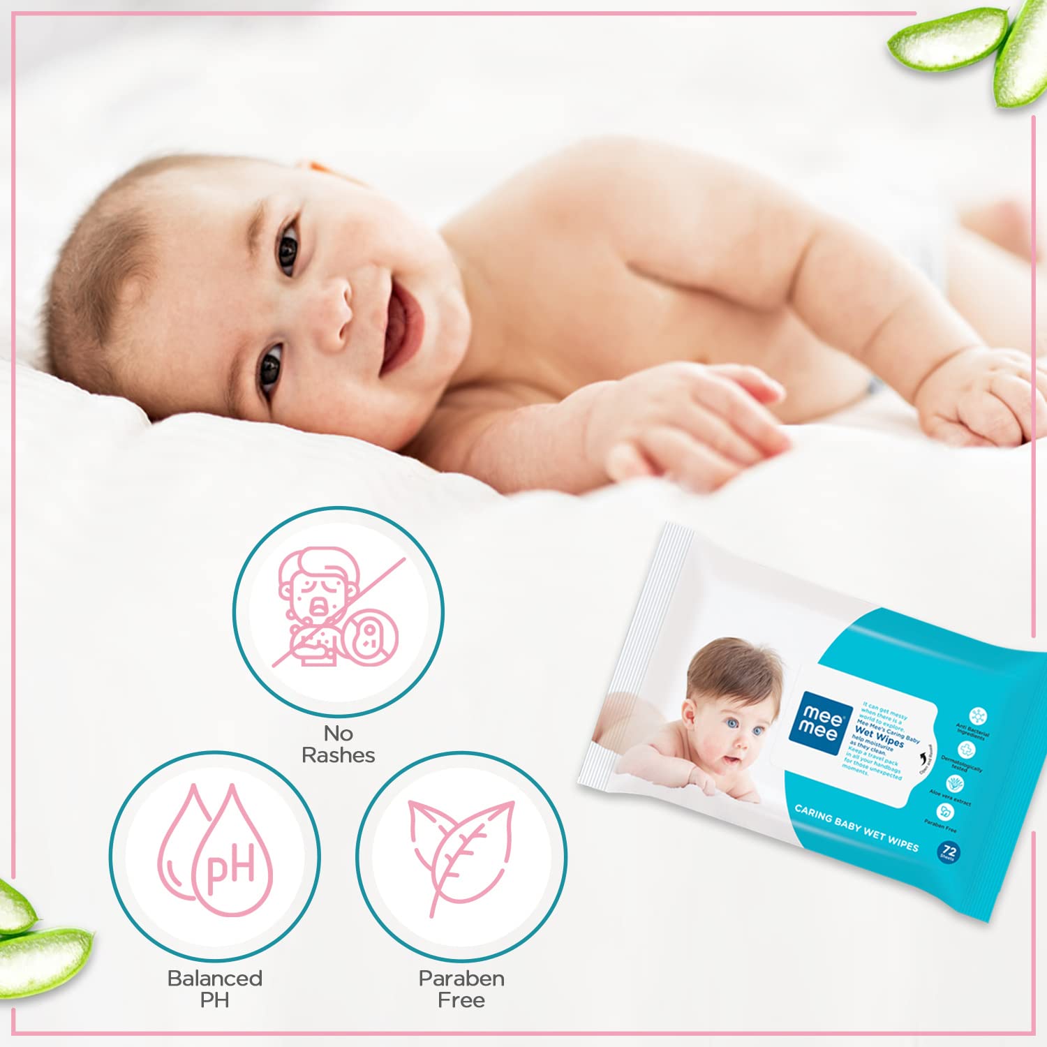 Mee Mee Caring Baby Wet Wipes with Aloe Vera Combo Pack of 5 - 72 Pieces Each