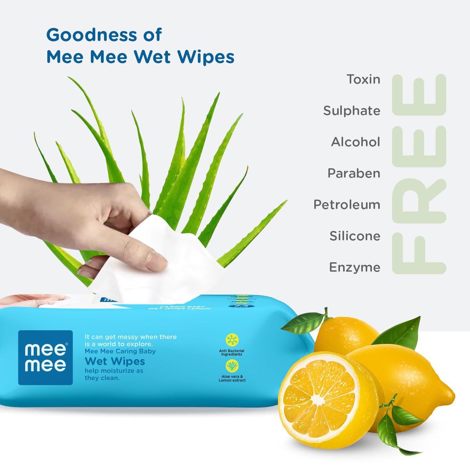 Mee Mee Caring Baby Wet Wipes Lemon with Aloe Vera & Lemon Extract Combo Pack of 5 - 72 Pieces Each