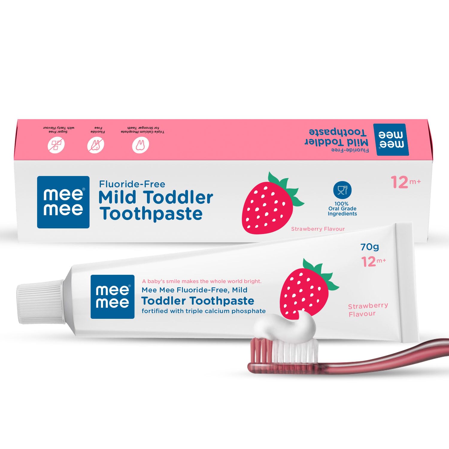 Mee Mee Fluoride-Free Mild Toddler Toothpaste Strawberry Flavour Pack of 2 with Triple Calcium Phosphate - 70g Each