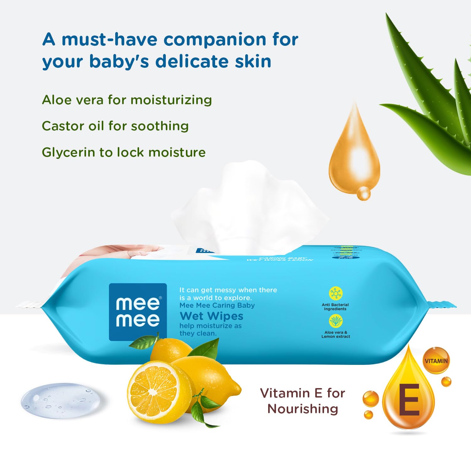 Mee Mee Caring Baby Wet Wipes Lemon with Aloe Vera & Lemon Extract Combo Pack of 5 - 72 Pieces Each