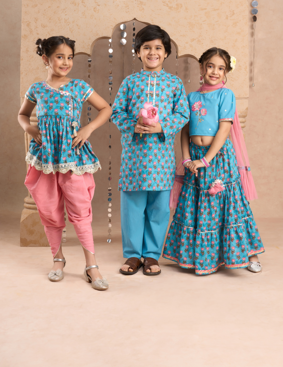 Lil Drama Boys Floral Print Kurta With Pajama Set, Blue