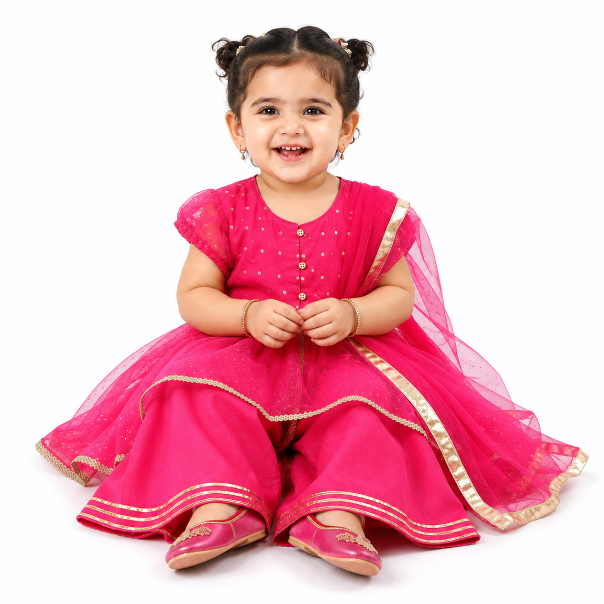 Baby Girls Pink Woven Kurti Palazzo and Dupatta Set Regular Fit Festive Kids Ethnic Wear