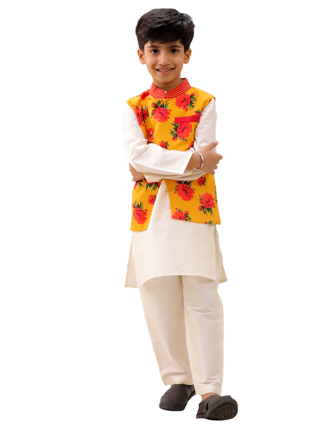 Lil Drama Boys Floral Print Jacket Kurta With Pants Set, Yellow And White