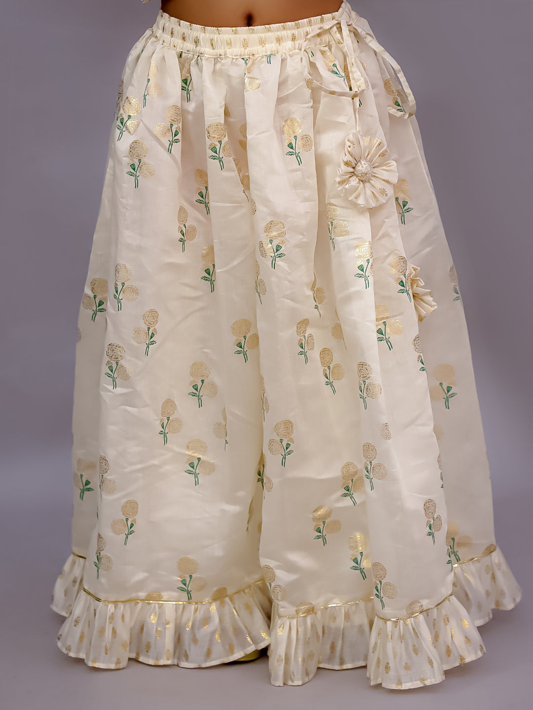 Lil Drama Girls Floral Print Crop Top With Flared Skirt And Dupatta Set, Off White