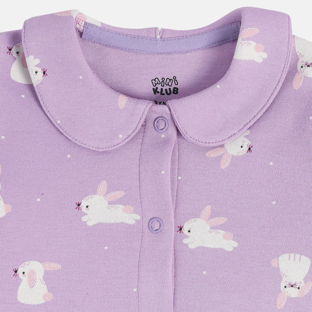 Girls Cotton Pack Of 2 Full Sleeves Rabbit Printed & Striped Front Open Vest - Lavender & White