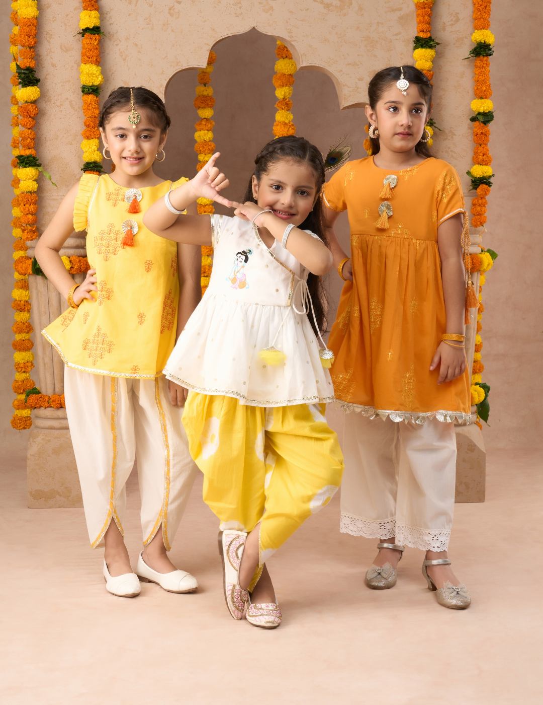 Lil Drama Girls Embroidered Sleeveless Kurta With Dhoti Pants Set, Yellow And White