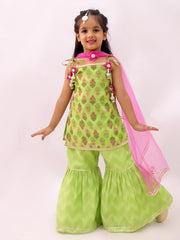 Lil Drama Girls Printed Kurta With Sharara Pants And Dupatta Set, Green And Pink