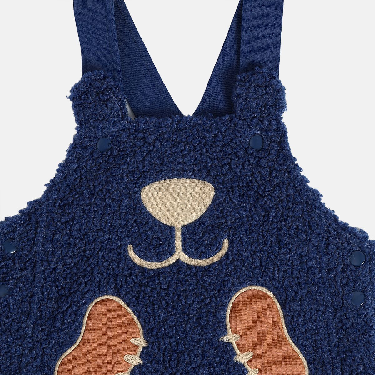 Boys Cotton Full Sleeves Teddy Embroidery Dungaree Set - Navy Blue
