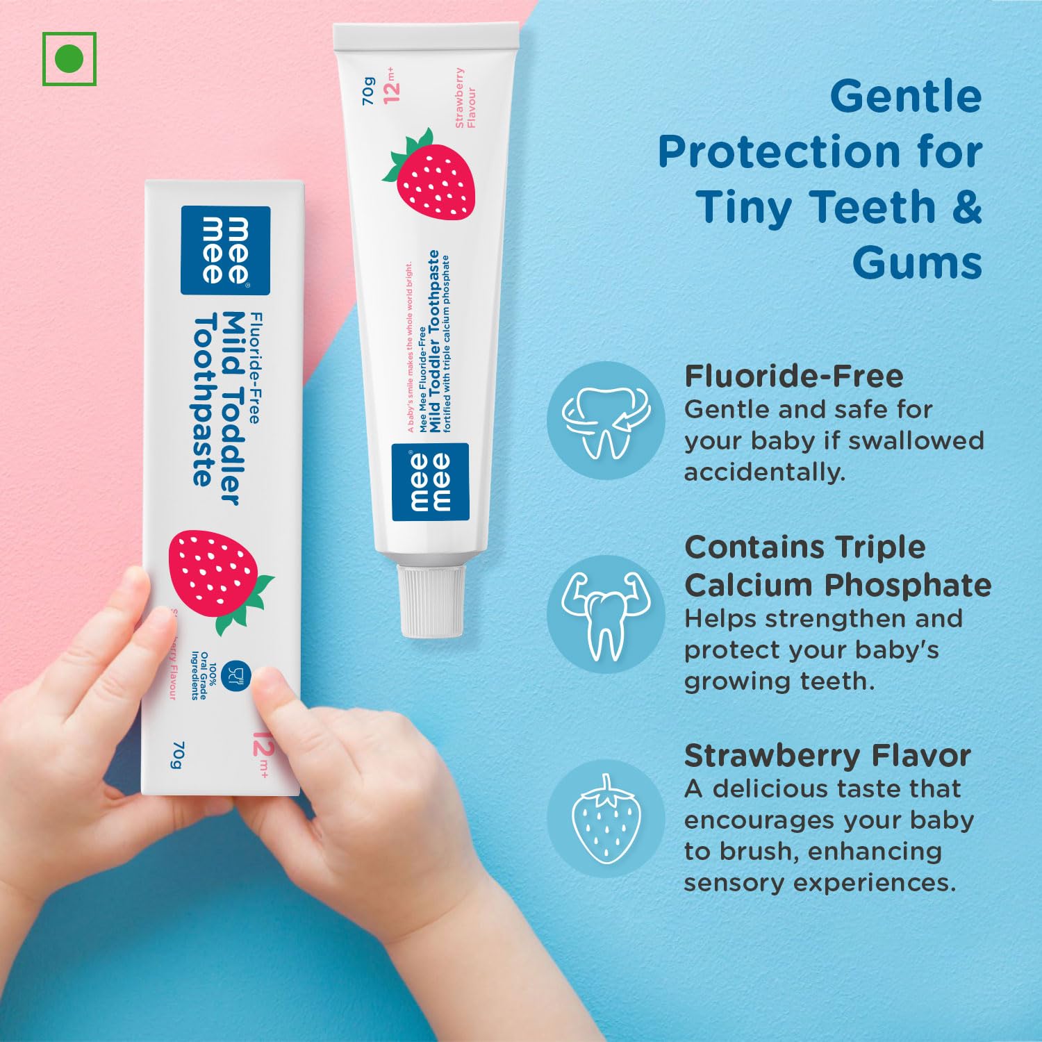 Mee Mee Fluoride-Free Mild Toddler Toothpaste Strawberry Flavour Pack of 2 with Triple Calcium Phosphate - 70g Each