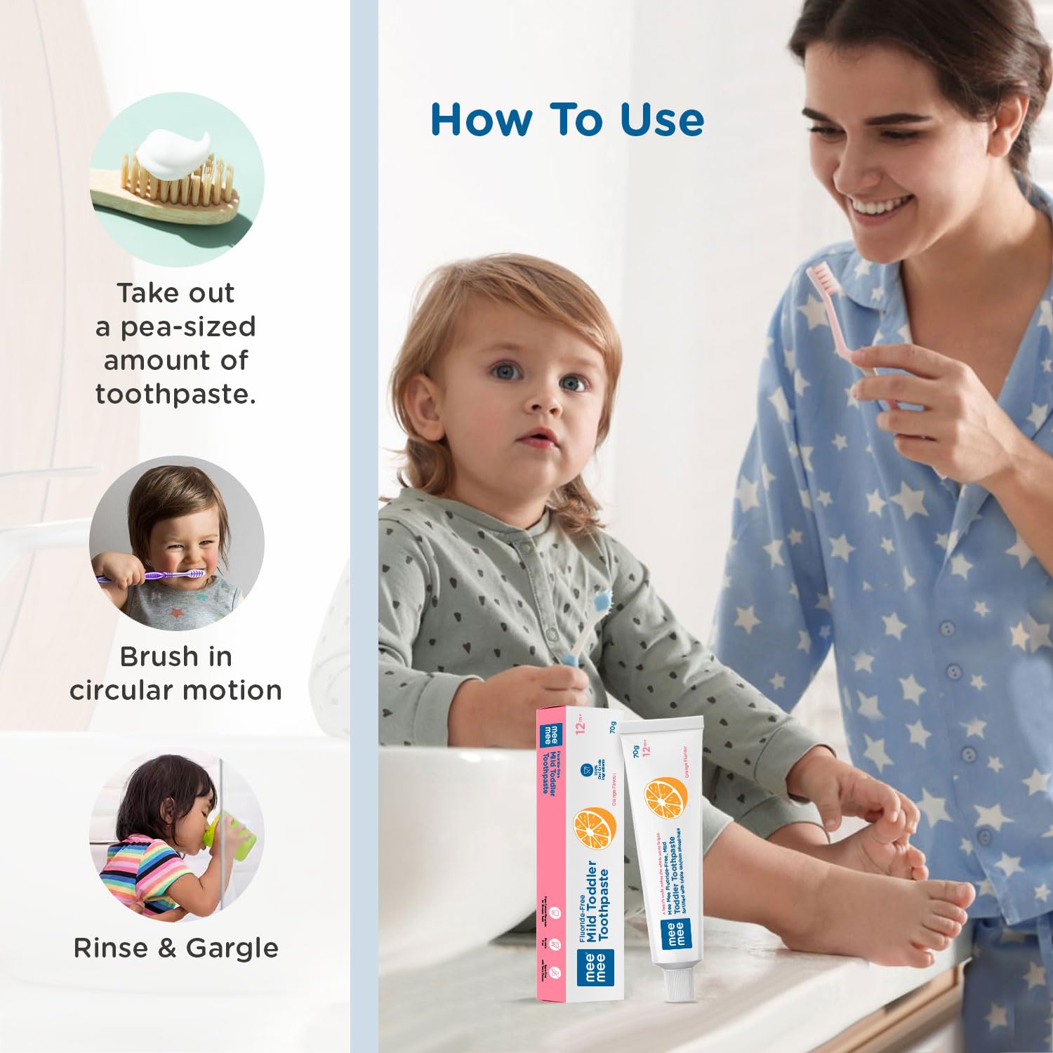 Mee Mee Fluoride-Free Mild Toddler Toothpaste Orange Flavour Pack of 2 with Triple Calcium Phosphate - 70g Each