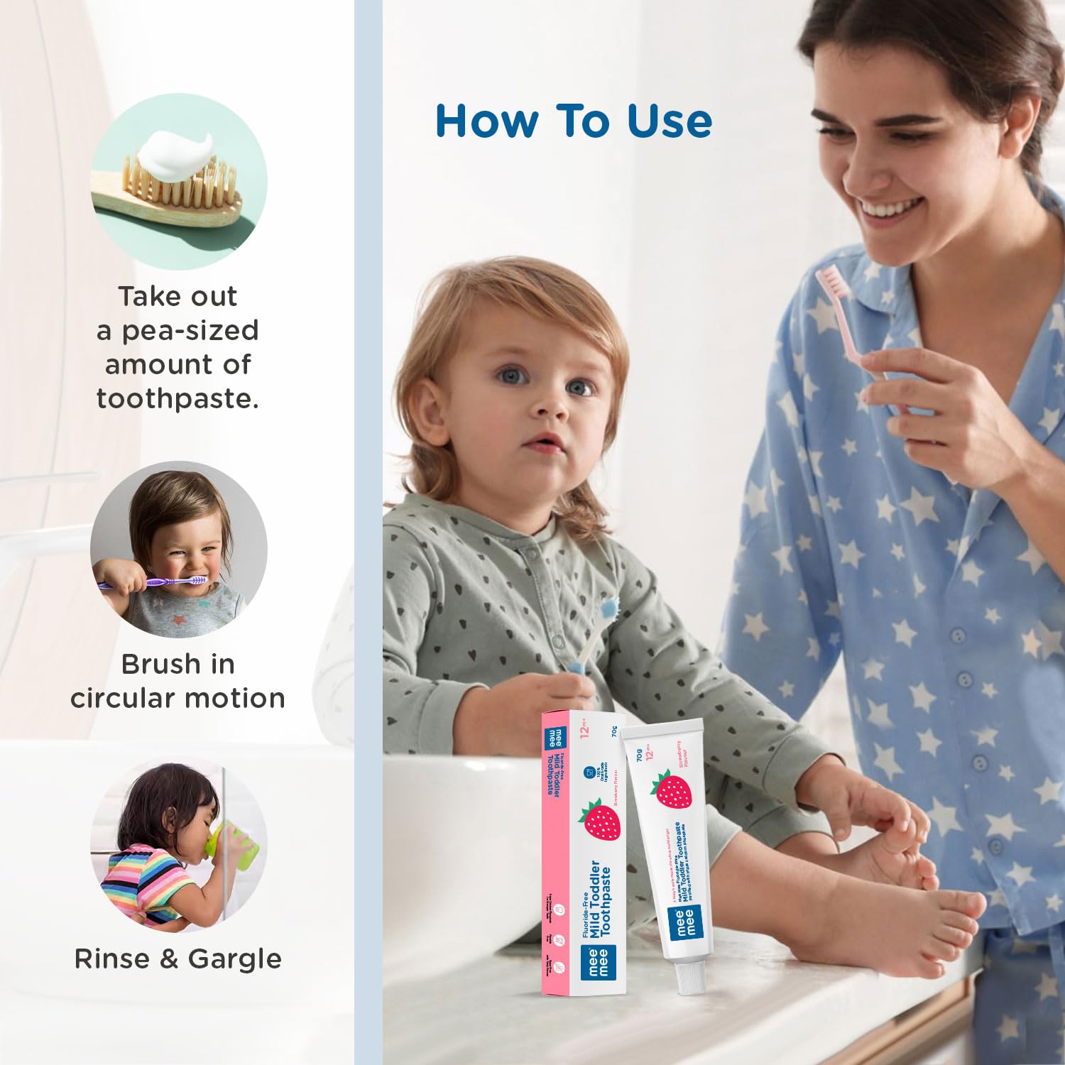 Mee Mee Fluoride-Free Mild Toddler Toothpaste Strawberry Flavour Pack of 2 with Triple Calcium Phosphate - 70g Each