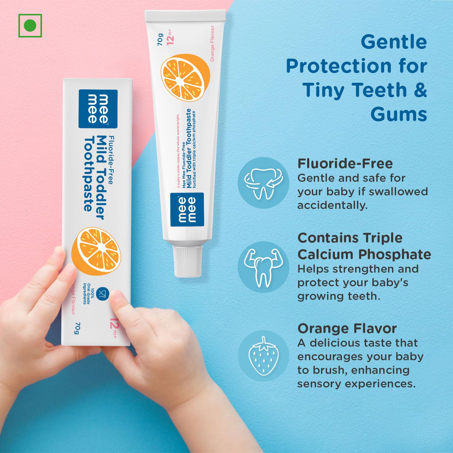 Mee Mee Fluoride-Free Mild Toddler Toothpaste Orange Flavour Pack of 2 with Triple Calcium Phosphate - 70g Each