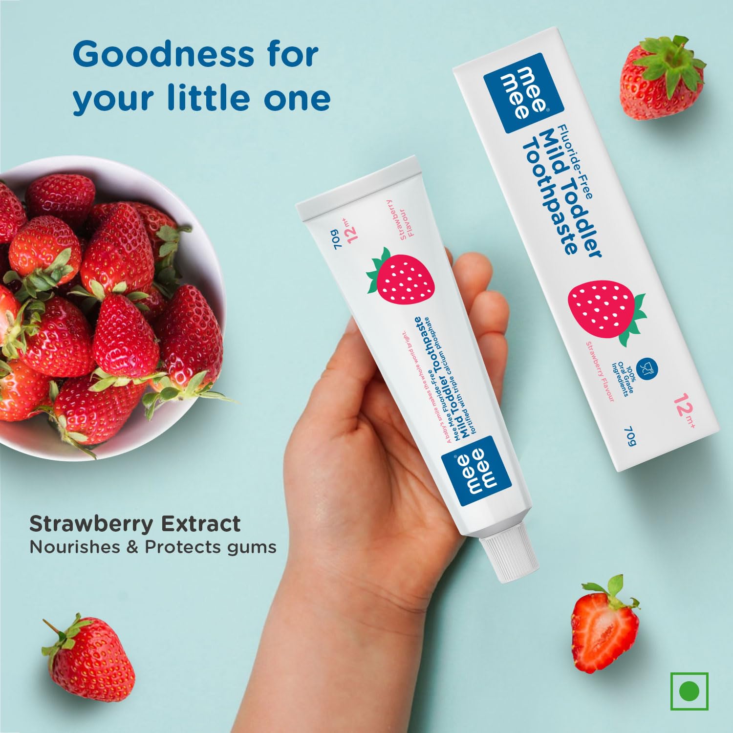 Mee Mee Fluoride-Free Mild Toddler Toothpaste Strawberry Flavour Pack of 2 with Triple Calcium Phosphate - 70g Each